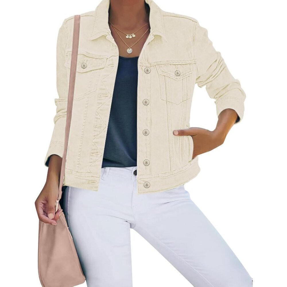 Women's Basic Button Down Stretch Fitted Long Sleeves Denim Jean Jacket Cream